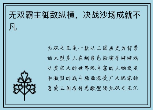 无双霸主御敌纵横，决战沙场成就不凡